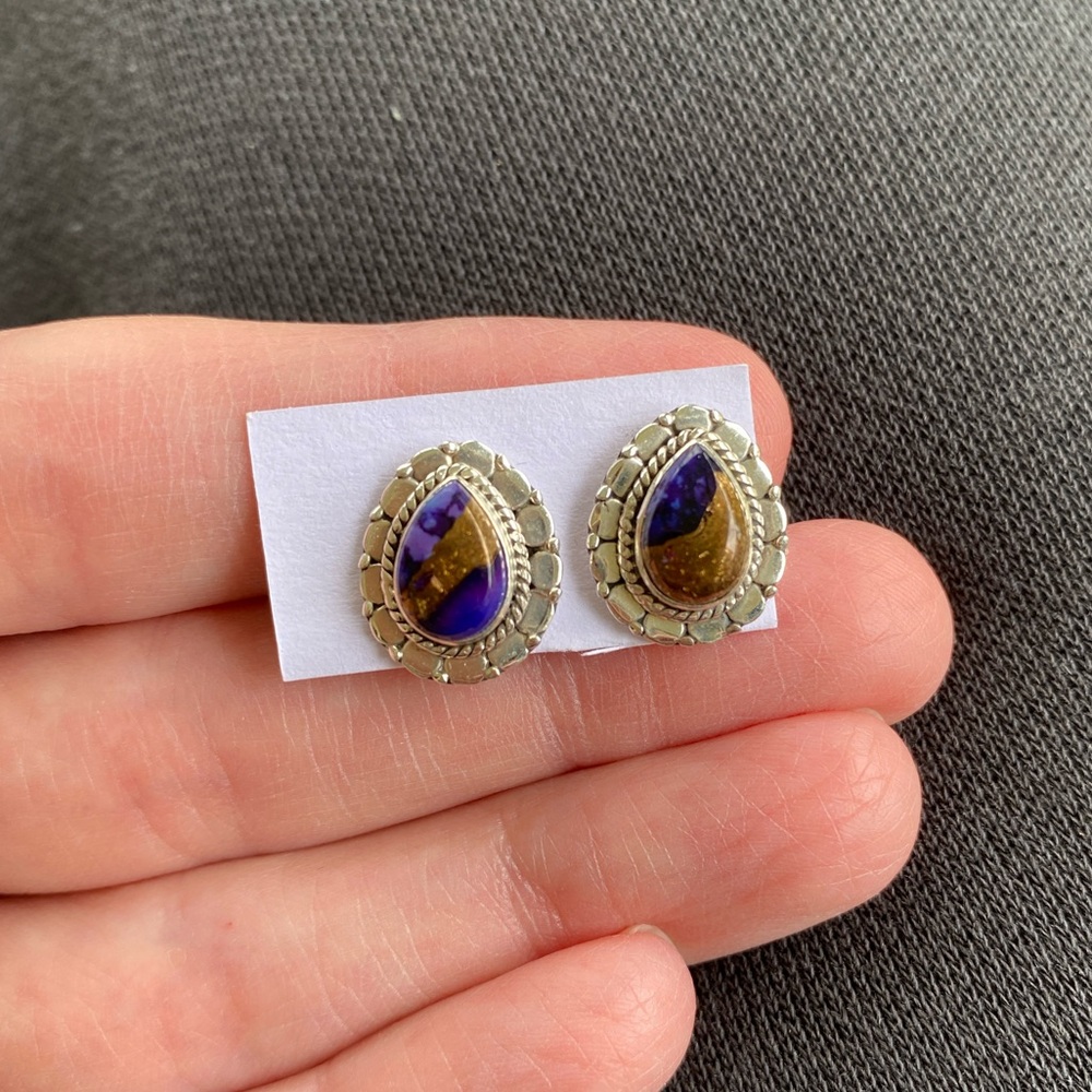 925 Sterling Silver purple copper turquoise natural stone earring studs